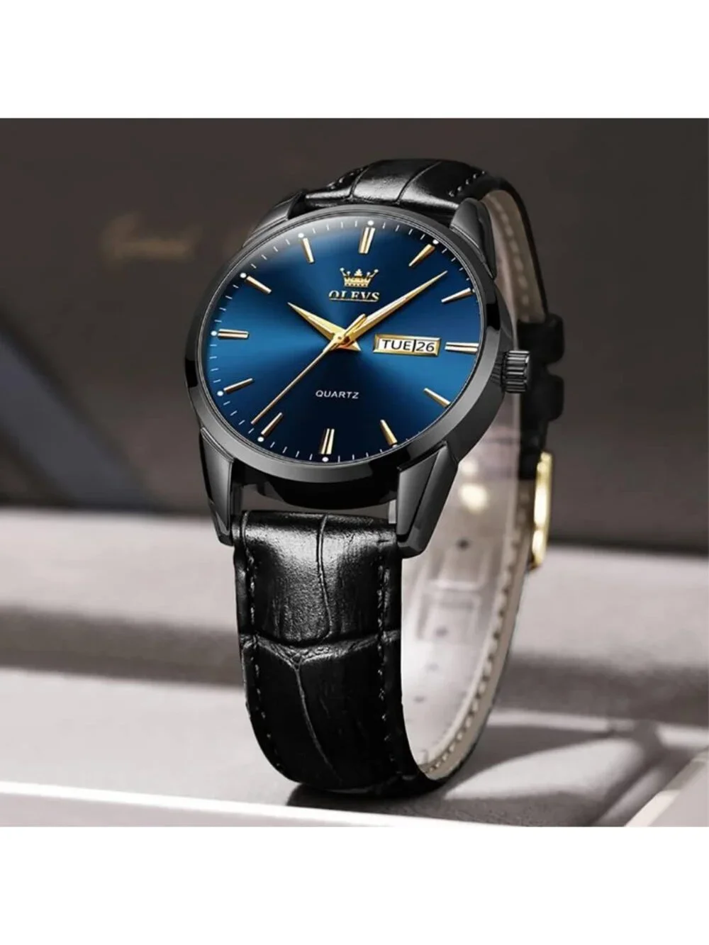 Men's Blue Fashion Quartz Leather Black Buckle Waterproof Luminous Round Watch